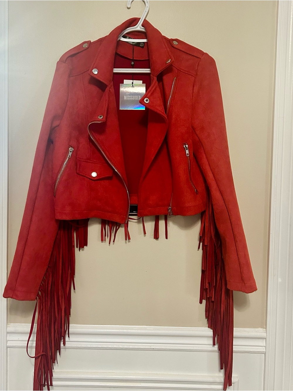 Missguided Red  Fringe Moto Jacket